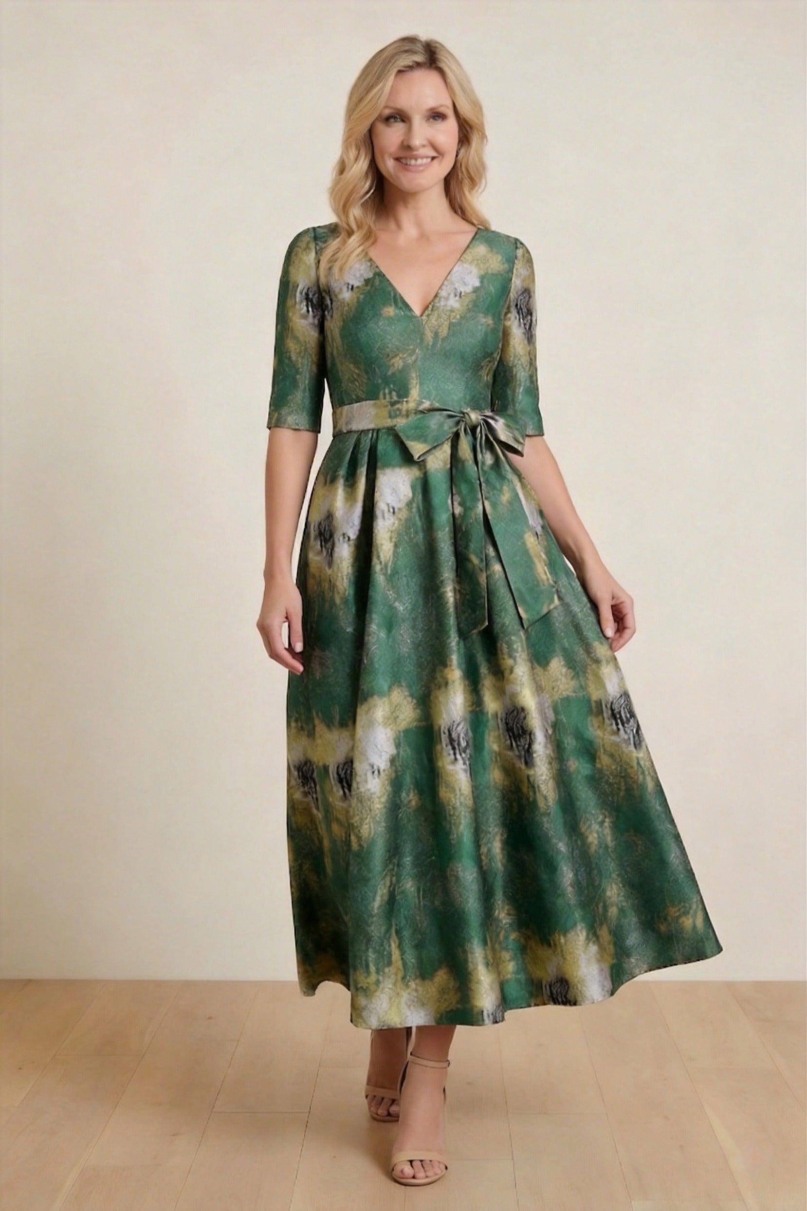 A-Line Tea-Length Jacquard Mother of the Bride Dress CM0424 - Garden Green Floral - COCOMELODY